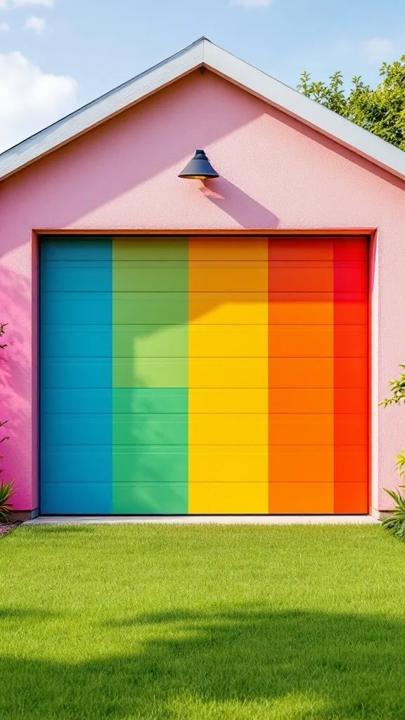 A vibrant garage door painted in yellow, green, and purple with a blue house exterior.