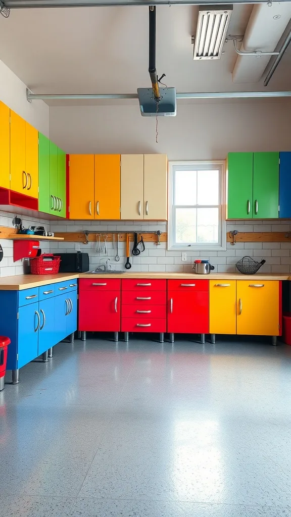 Brightly colored modular garage cabinets in blue, red, green, yellow, and orange