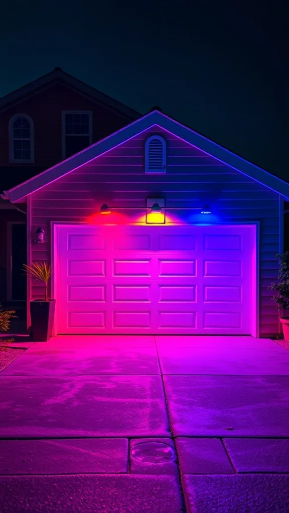 Colorful outdoor flood lights illuminating a garage