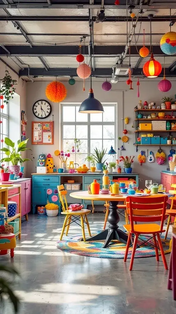 A vibrant garage dining room filled with colorful furniture and decorations.