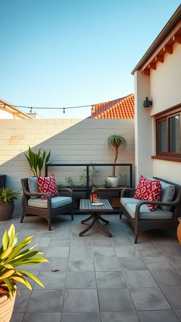 Cozy outdoor seating area with two chairs and a table, surrounded by plants.