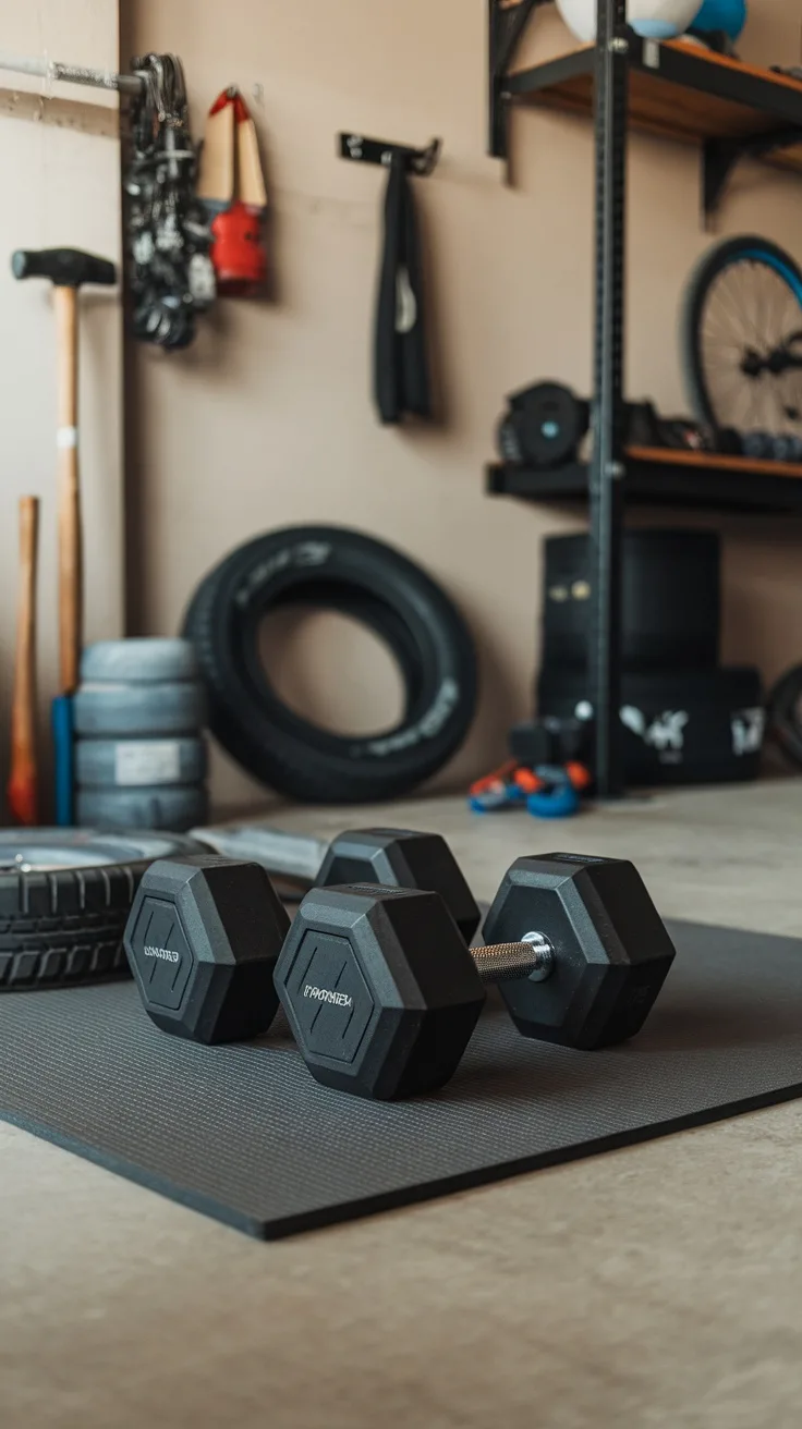 A pair of compact adjustable dumbbells on a workout mat in a garage gym setting.