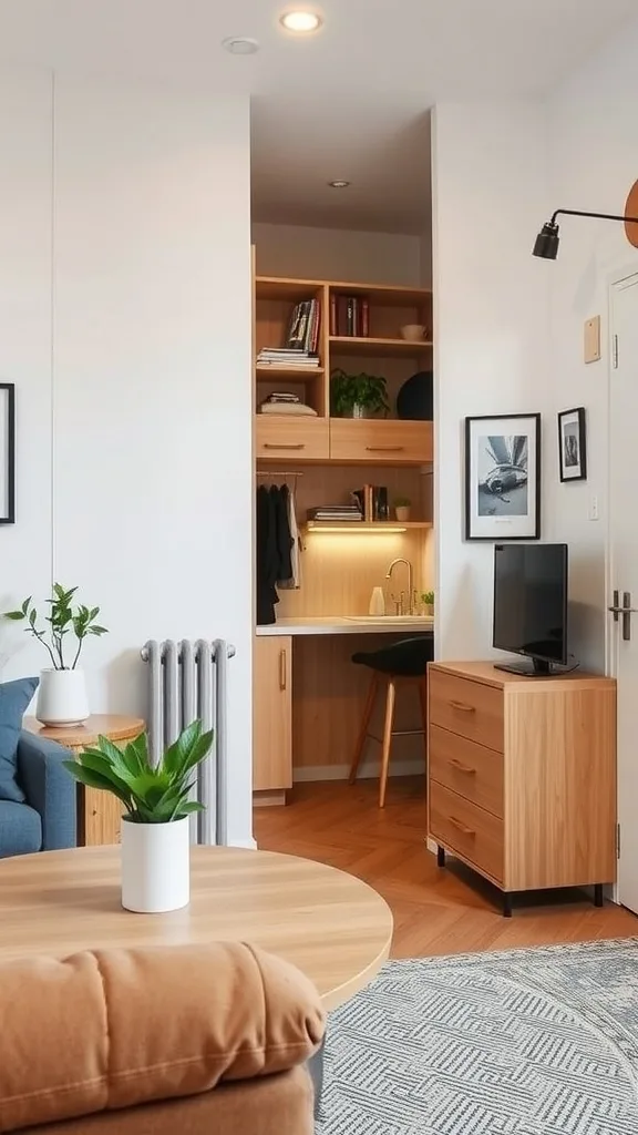 A stylish compact living area in an above garage apartment featuring a blue couch, wooden furniture, and a small workspace.