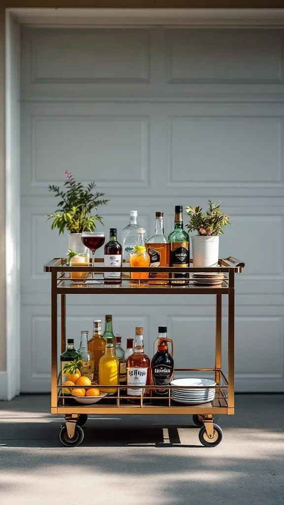 A stylish rolling bar cart with various bottles and drinks displayed.