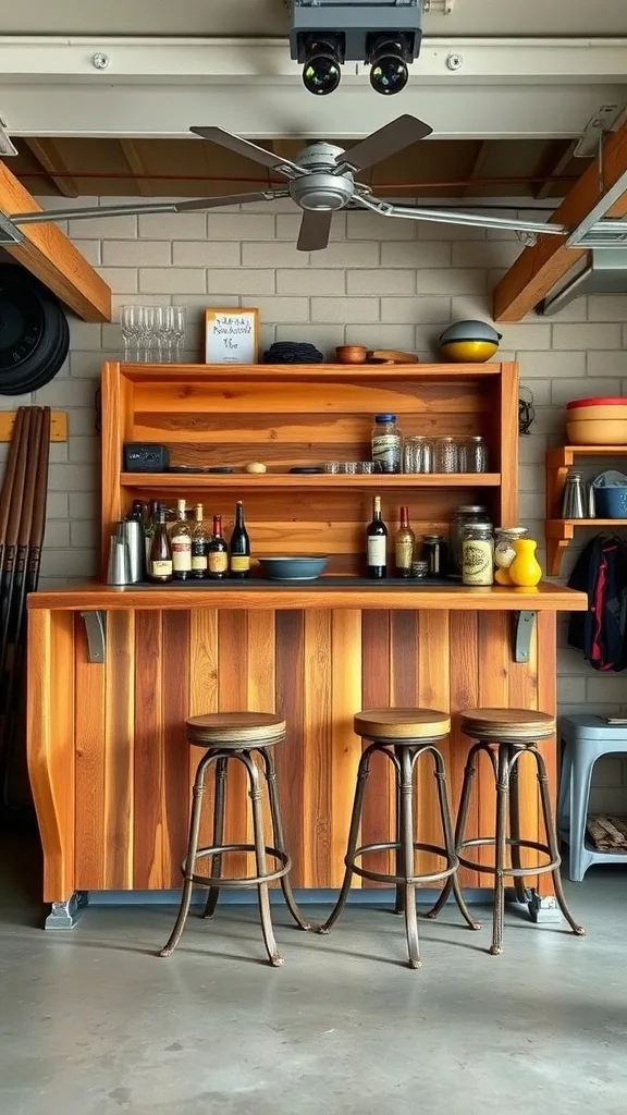 Compact rustic bar setup in a garage with wooden bar, stools, and drink display