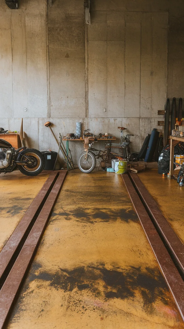 A rustic garage with stained concrete flooring, vintage bikes, and tools.