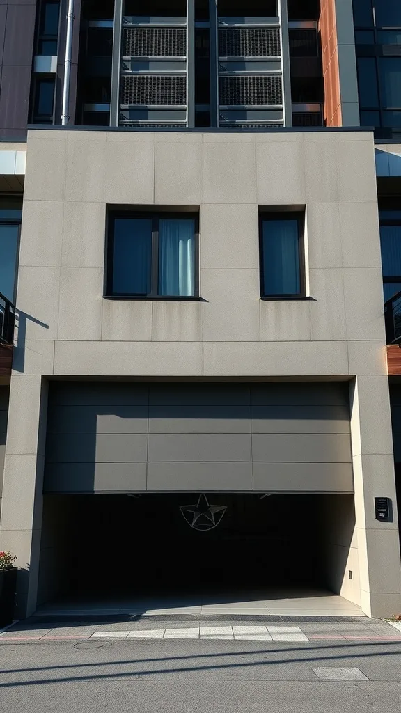 Contemporary garage with a geometric design featuring a large door and modern windows.