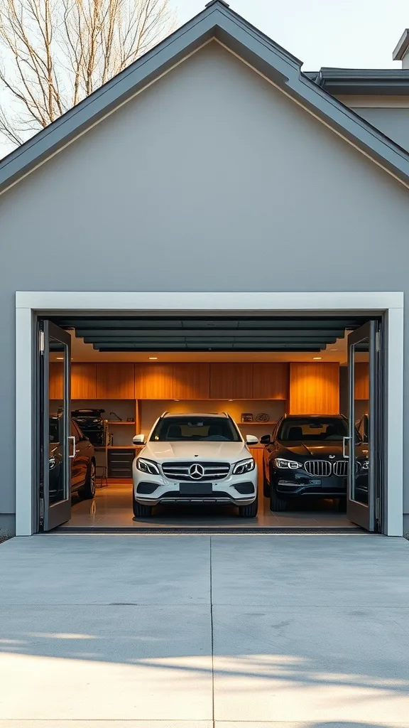 A contemporary garage featuring large glass doors with two parked cars inside.