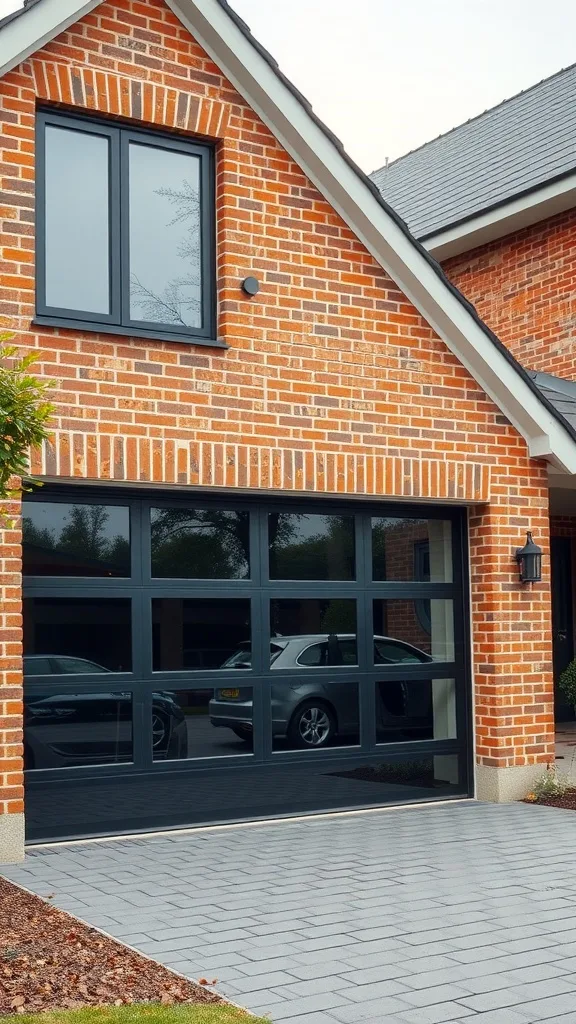 A modern glass garage door on a brick house, showcasing a stylish and contemporary design.