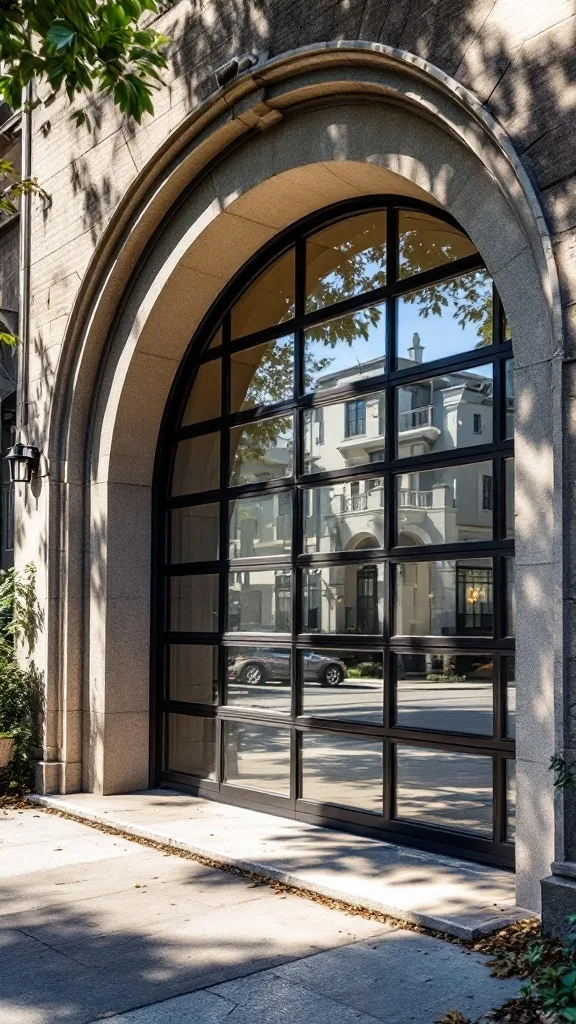 A contemporary glass panel arched garage door with a black frame, allowing natural light to enter.