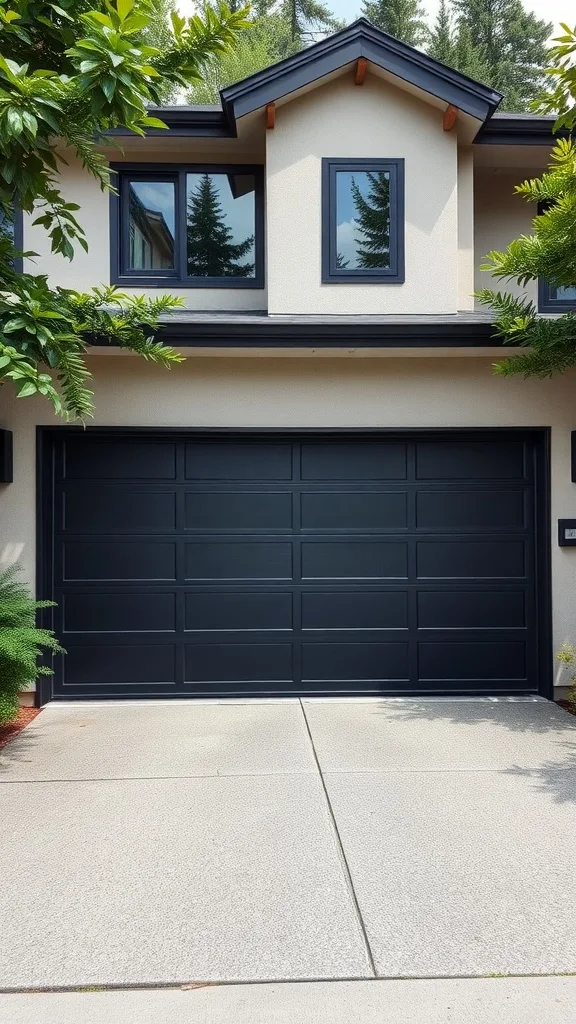 A contemporary minimalist black garage door with horizontal panels, surrounded by a light-colored house and greenery.