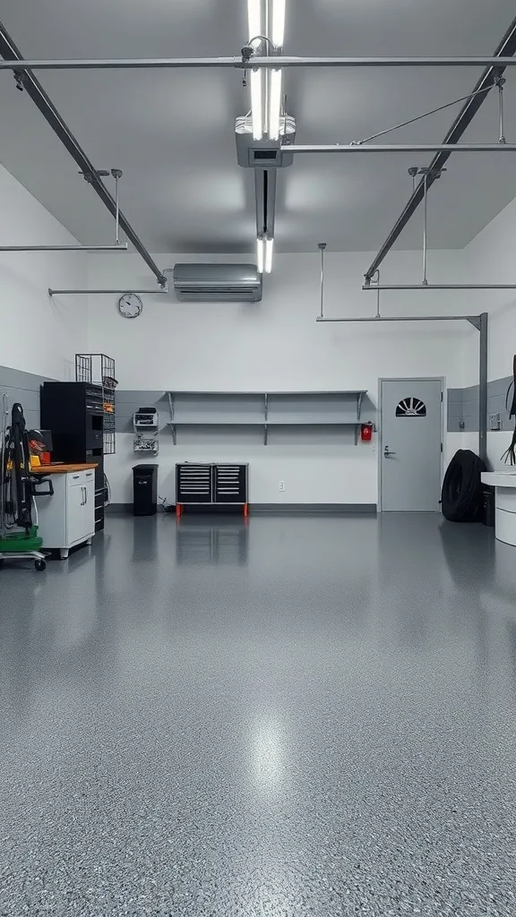 A modern garage with a cool steel gray epoxy floor, organized tools, and bright lighting.