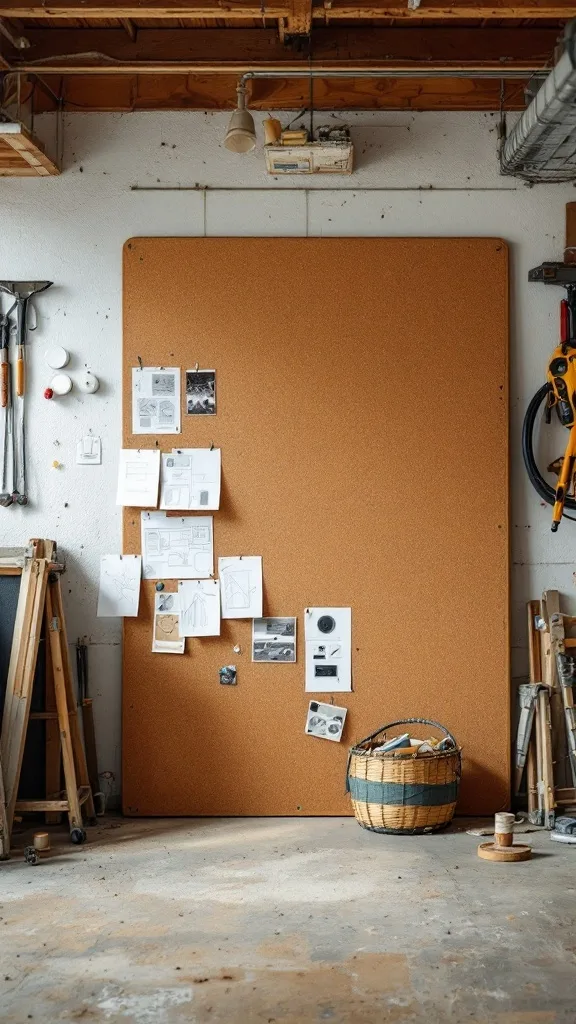 A corkboard mounted on a wall in a garage, displaying various project ideas and sketches.