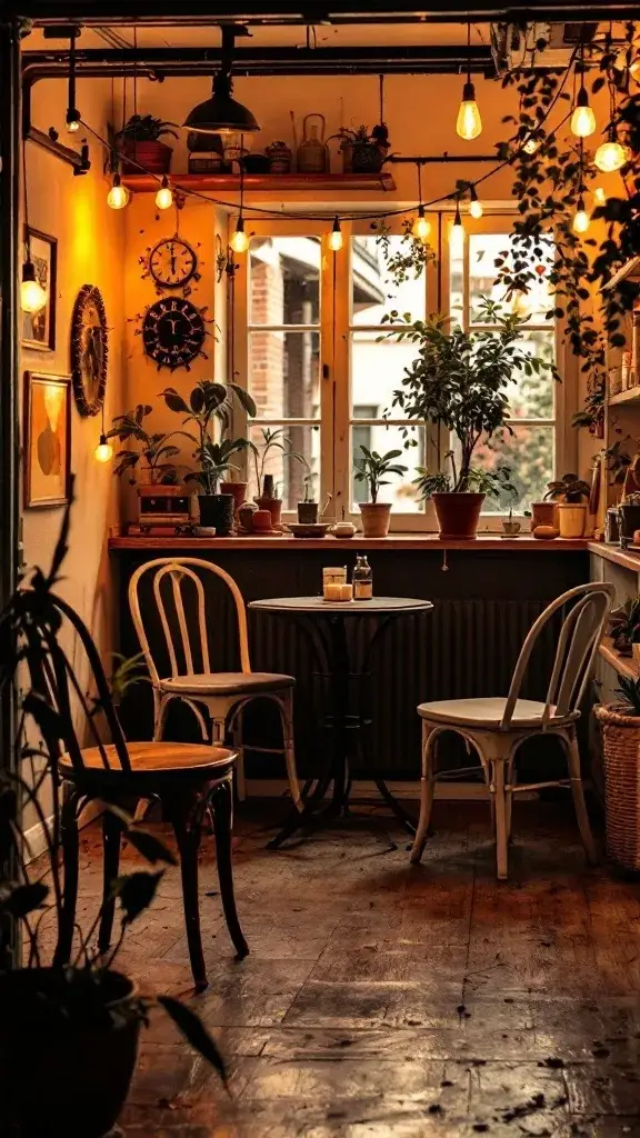 A cozy dining area with string lights, plants, and a small round table.