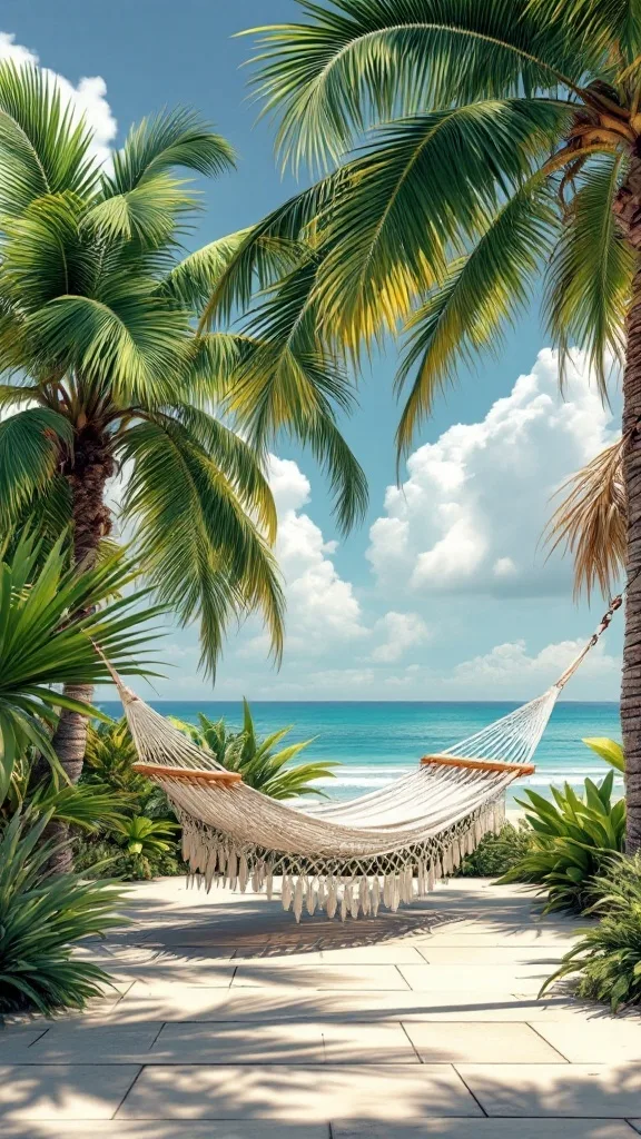 A cozy hammock surrounded by palm trees and a view of the ocean, creating a tropical atmosphere.