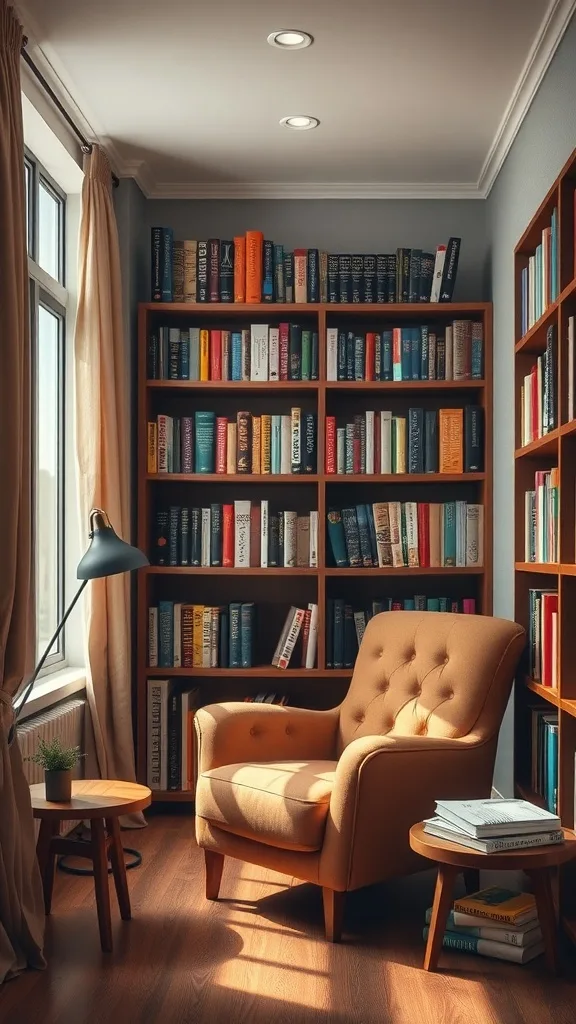 A cozy reading nook featuring a comfortable chair, bookshelves filled with books, and soft lighting.