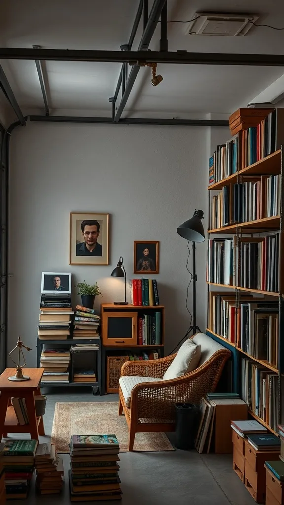 Cozy reading nook in a garage art studio with bookshelves, an armchair, and a warm atmosphere.