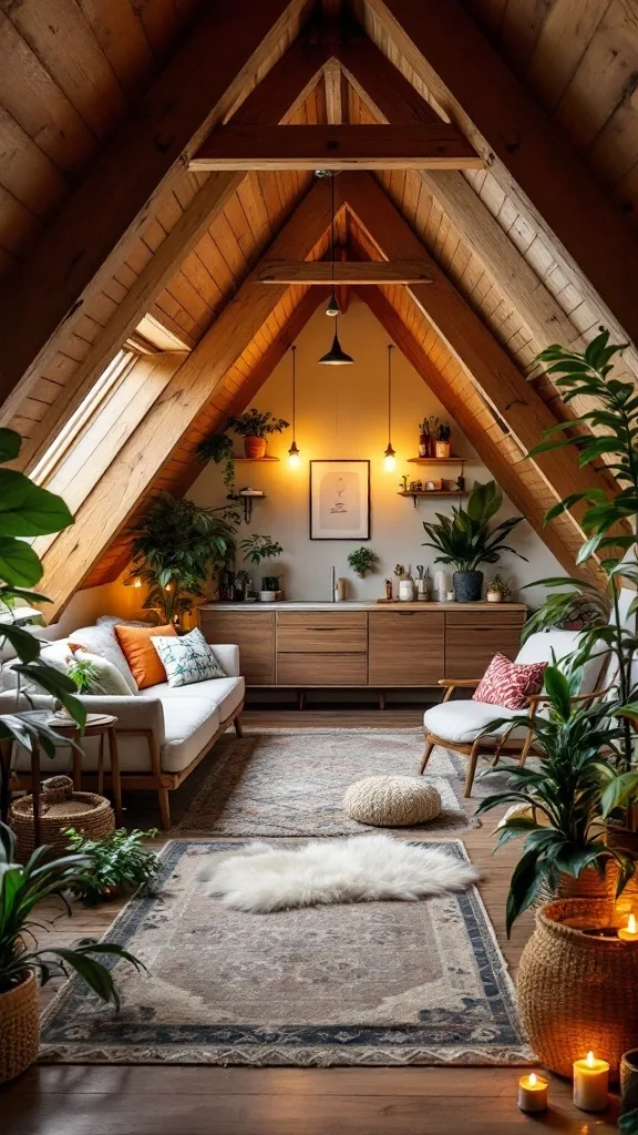 A cozy attic apartment with wooden beams, soft furnishings, plants, and warm lighting.