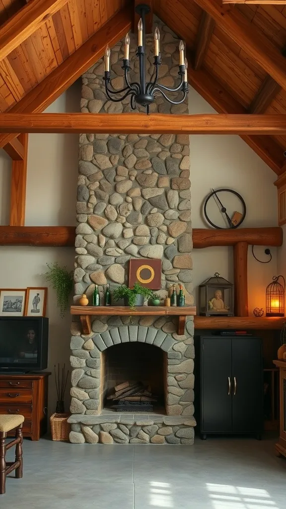 Interior view of a cozy rustic retreat with a stone fireplace and wooden beams.