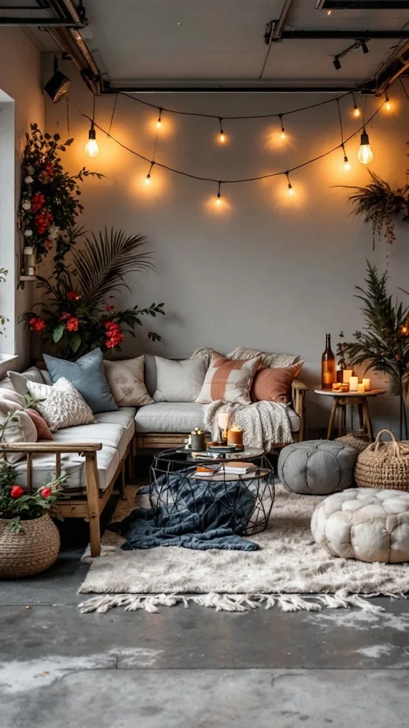 Cozy seating area with cushions, soft lighting, and decorative plants