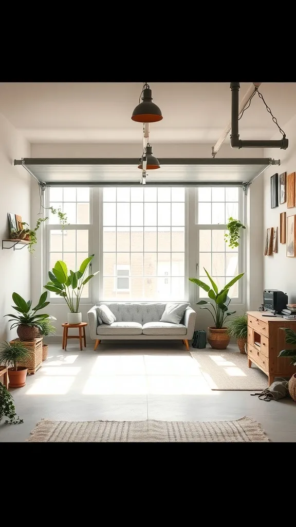 A cozy studio with a gray couch, large windows, plants, and wooden furniture, filled with natural light.