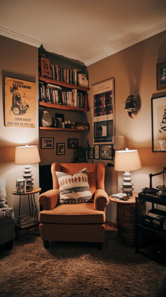 A cozy corner of a man cave with a comfortable armchair, soft lighting from table lamps, and a plush rug. There's a small bookshelf filled with books and trinkets. The walls are adorned with a vintage poster and a few decorative items. The room has a warm color tone.