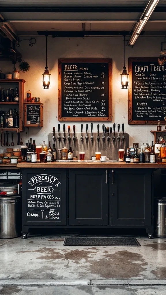 A stylish craft beer tap station with various beer taps and a menu board in a garage.