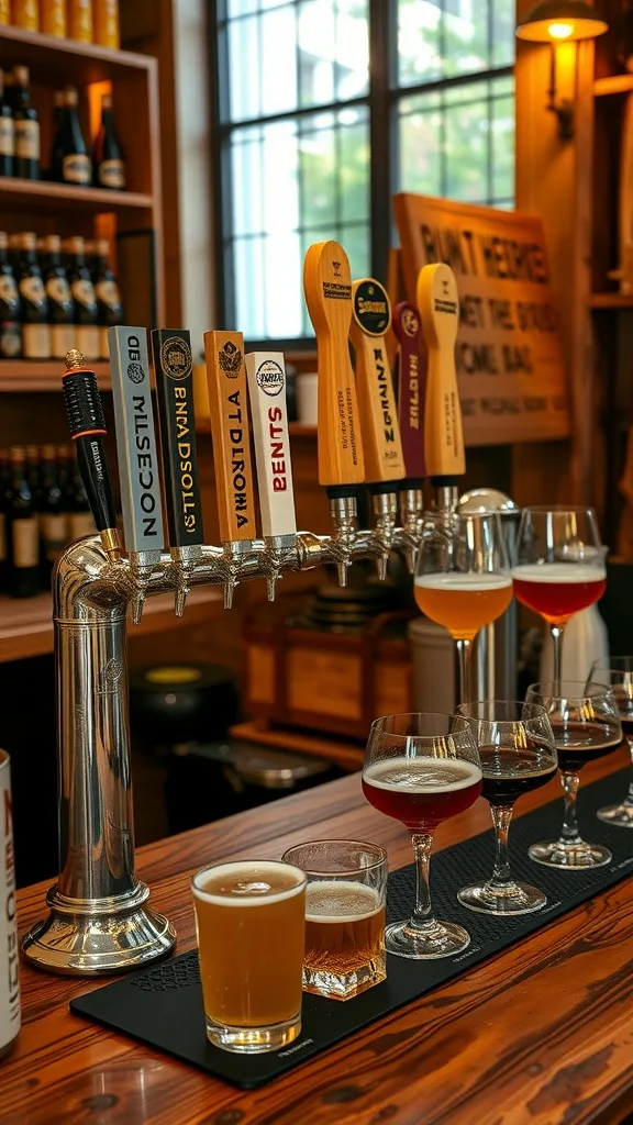 A craft beer tasting station featuring various beers on tap and a wooden tasting board.