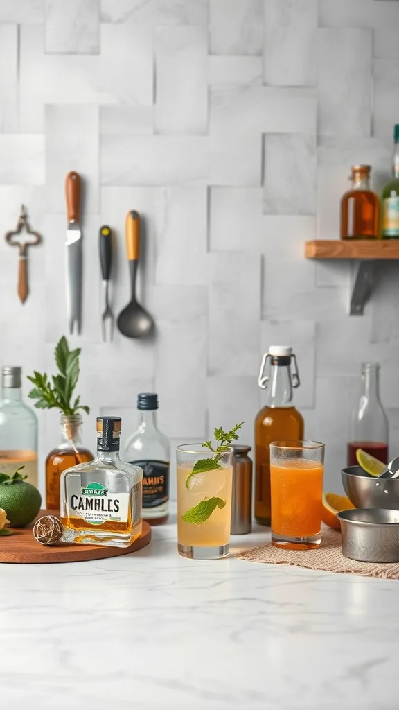 A craft cocktail bar setup featuring various spirits, fresh ingredients, and bar tools in a modern space.