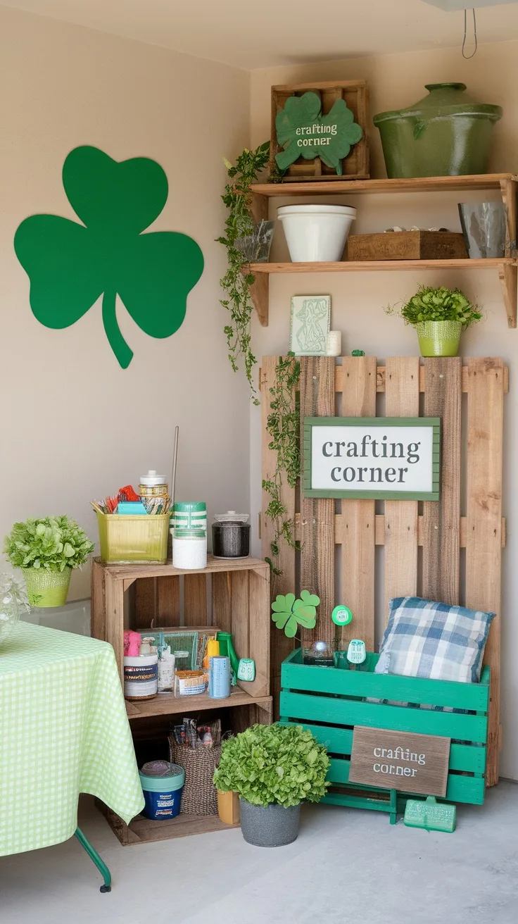 A crafting corner in a garage decorated for St. Patrick's Day, featuring green shamrock decor, shelves of supplies, and a cozy setup.