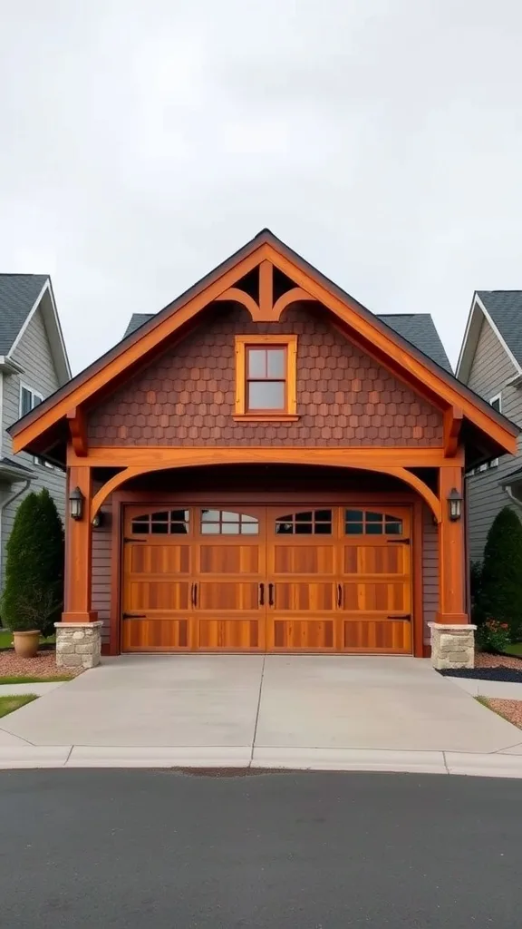 Craftsman-inspired garage with detailed woodwork, featuring large wooden doors and decorative shingles.