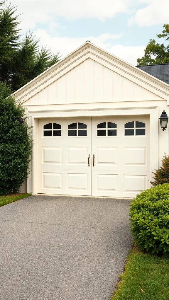 A garage exterior painted in creamy off-white with a landscaped area