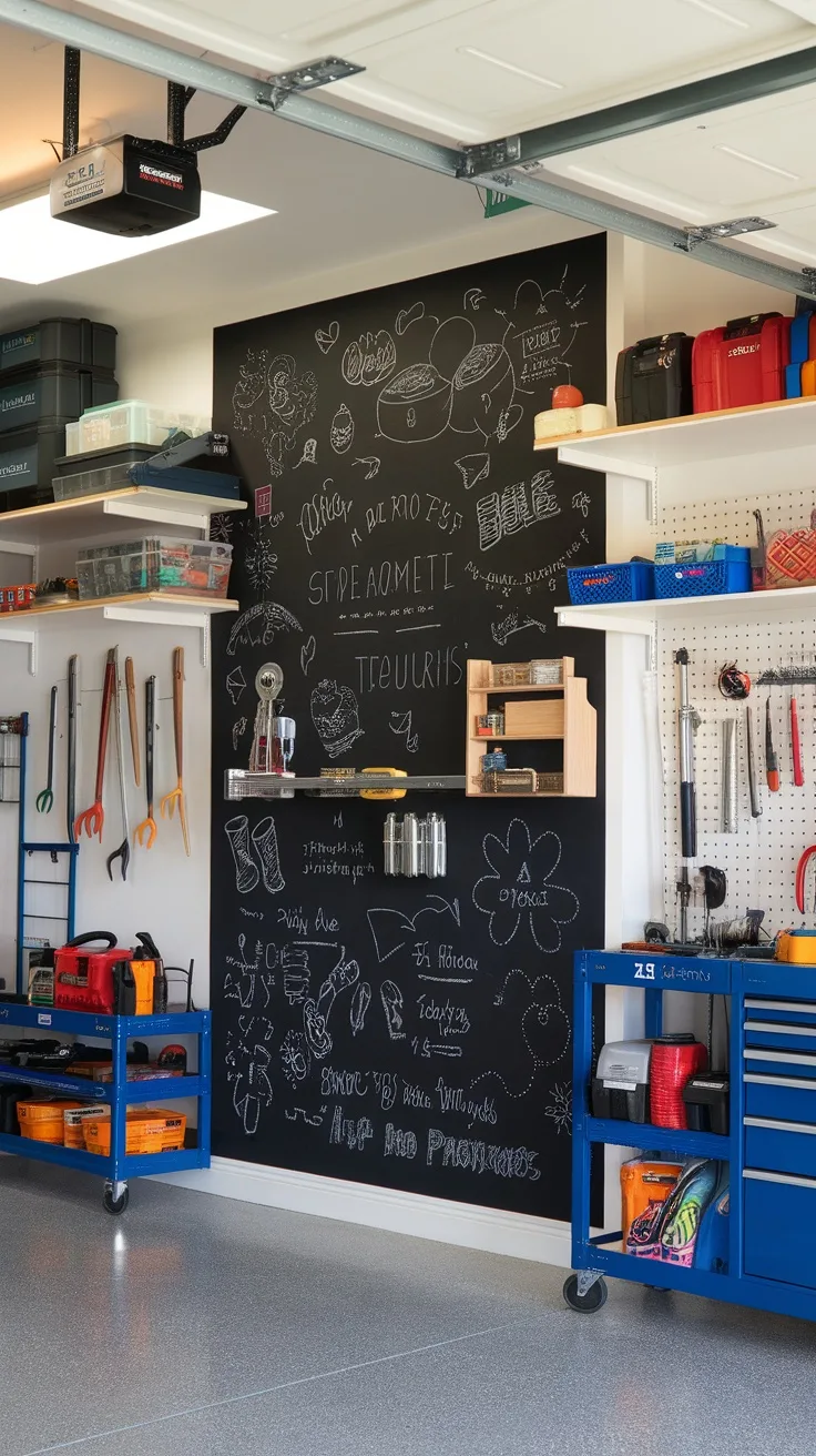 A black chalkboard wall in a garage with various doodles and notes.