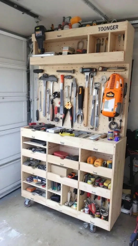 A custom tool organizer made of wood, displaying various hand tools on a wall-mounted board.