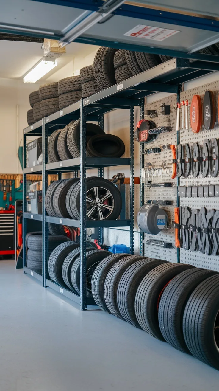 Organized tire and parts storage area in a garage workshop