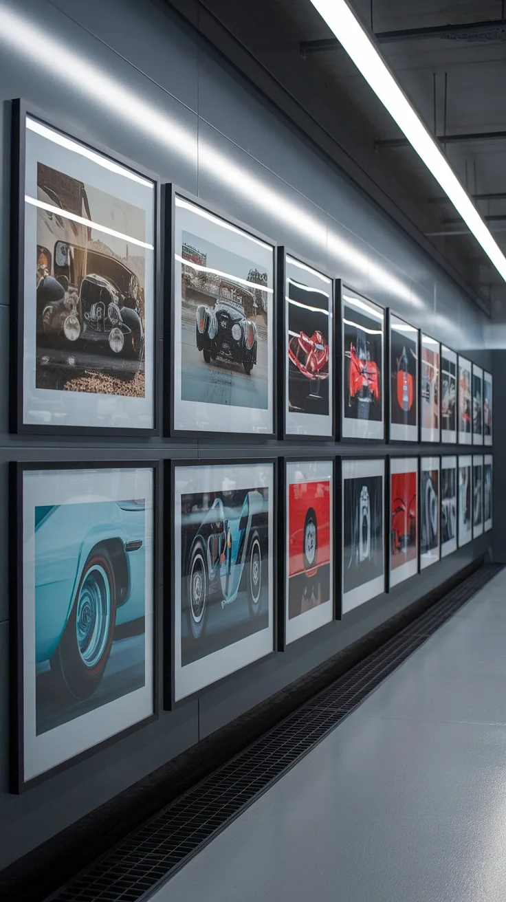 A gallery wall featuring framed automotive photography, showcasing various classic and modern cars.