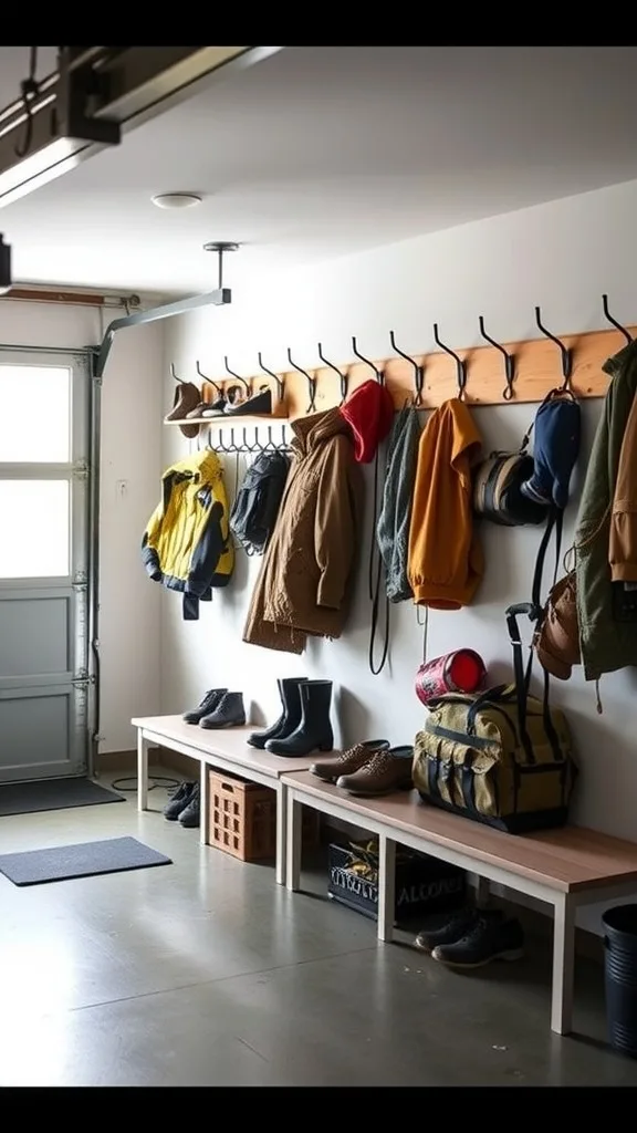 A garage with hooks on the wall for coats and bags, benches for shoes, and an organized entrance space.