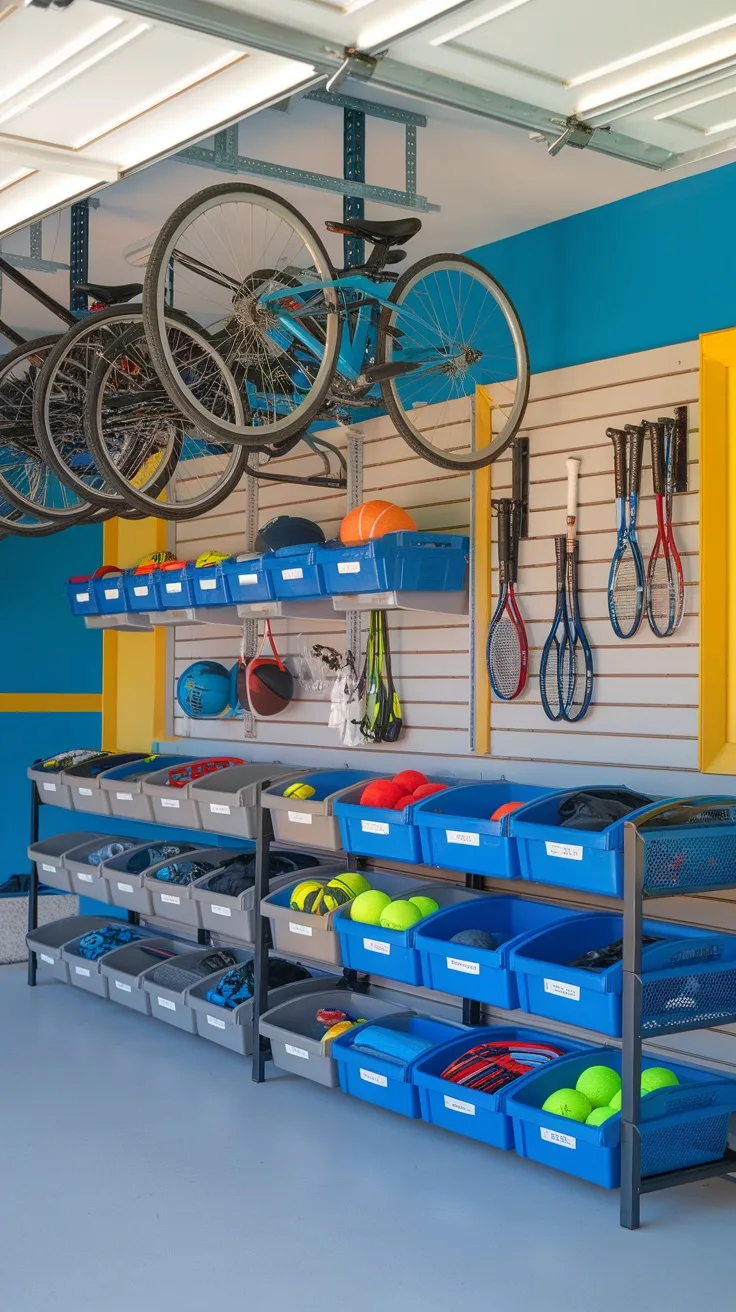 A well-organized garage storage solution featuring bikes stored overhead, storage bins for sports equipment, and wall-mounted racks for rackets.