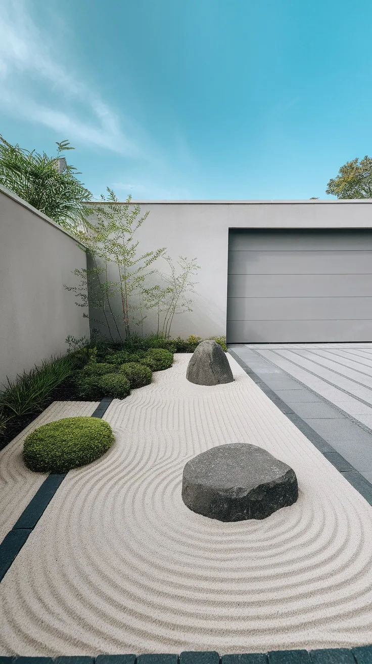 A modern Zen garden with white sand, rocks, and greenery surrounding a sleek garage.