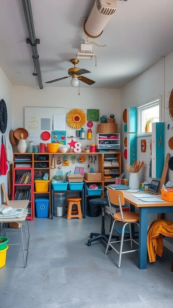 Vibrant crafting and hobby zone in a renovated garage with colorful storage and workspace.