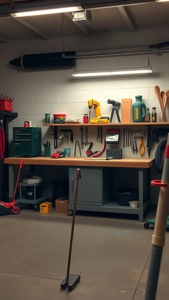 A clean and organized workbench area in a garage with tools on a pegboard and a wooden workbench.