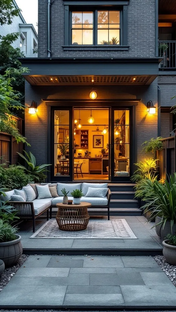 A cozy outdoor seating area with a stylish sofa, coffee table, and surrounding plants, leading into a well-lit interior space.