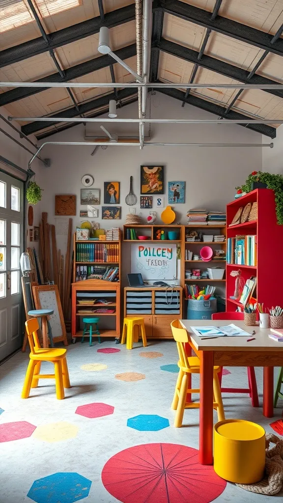 A colorful kids' art studio space with vibrant flooring, creative furniture, and art supplies.