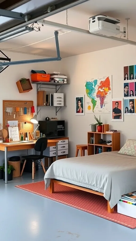 A bright and organized garage studio space featuring a desk, colorful artwork, and storage solutions.