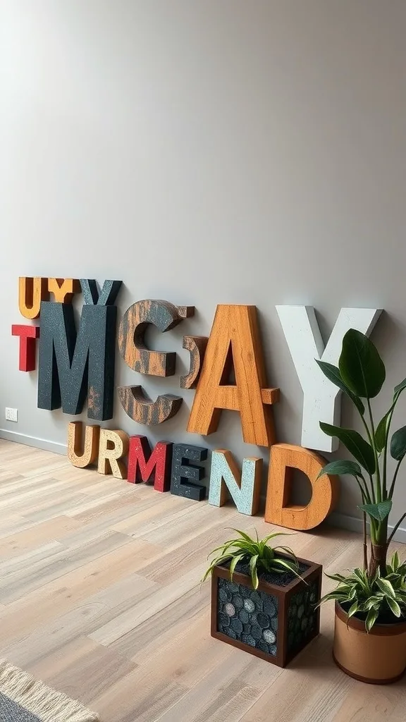 Colorful wall art display made of oversized letters in a garage man cave