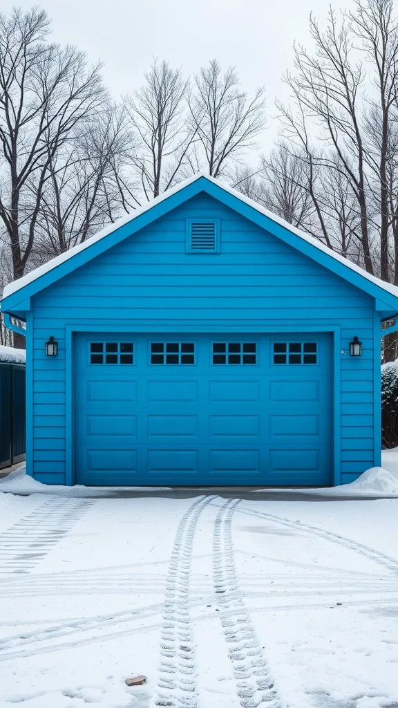 A bright blue garage surrounded by snow-covered ground and trees.