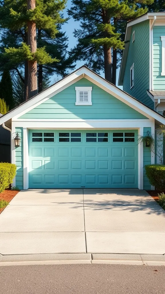 A mint-colored garage door and exterior with trees in the background