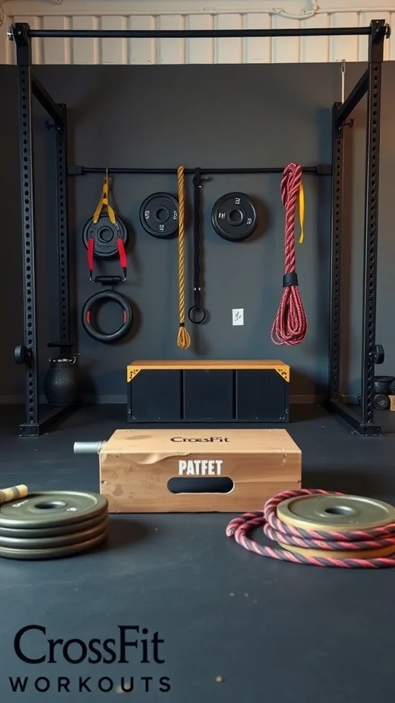 Crossfit-inspired one-car garage gym setup with pull-up bar, weights, and a wooden box for workouts.