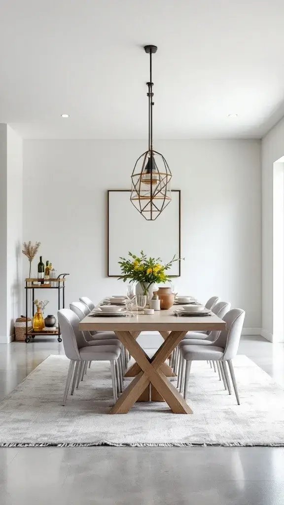 A modern dining room with a large wooden table, stylish chairs, and fresh flowers.