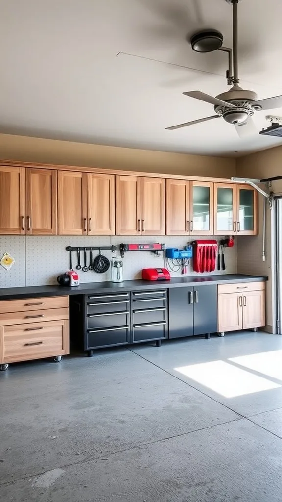 A garage with custom built-in cabinetry featuring wood and black cabinets, tools on pegboard, and a clean workspace.